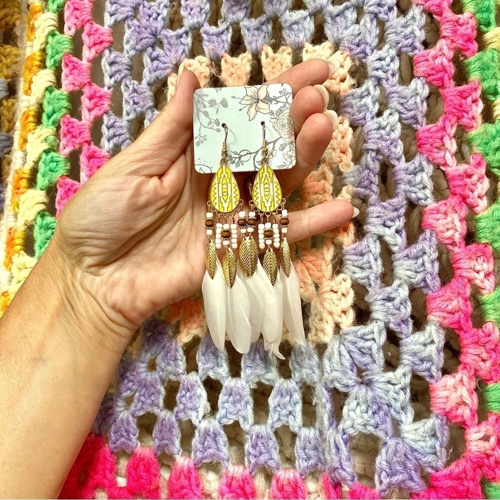 DREAMY white feather Boho statement earrings w Gypsy southwestern Navajo vibe